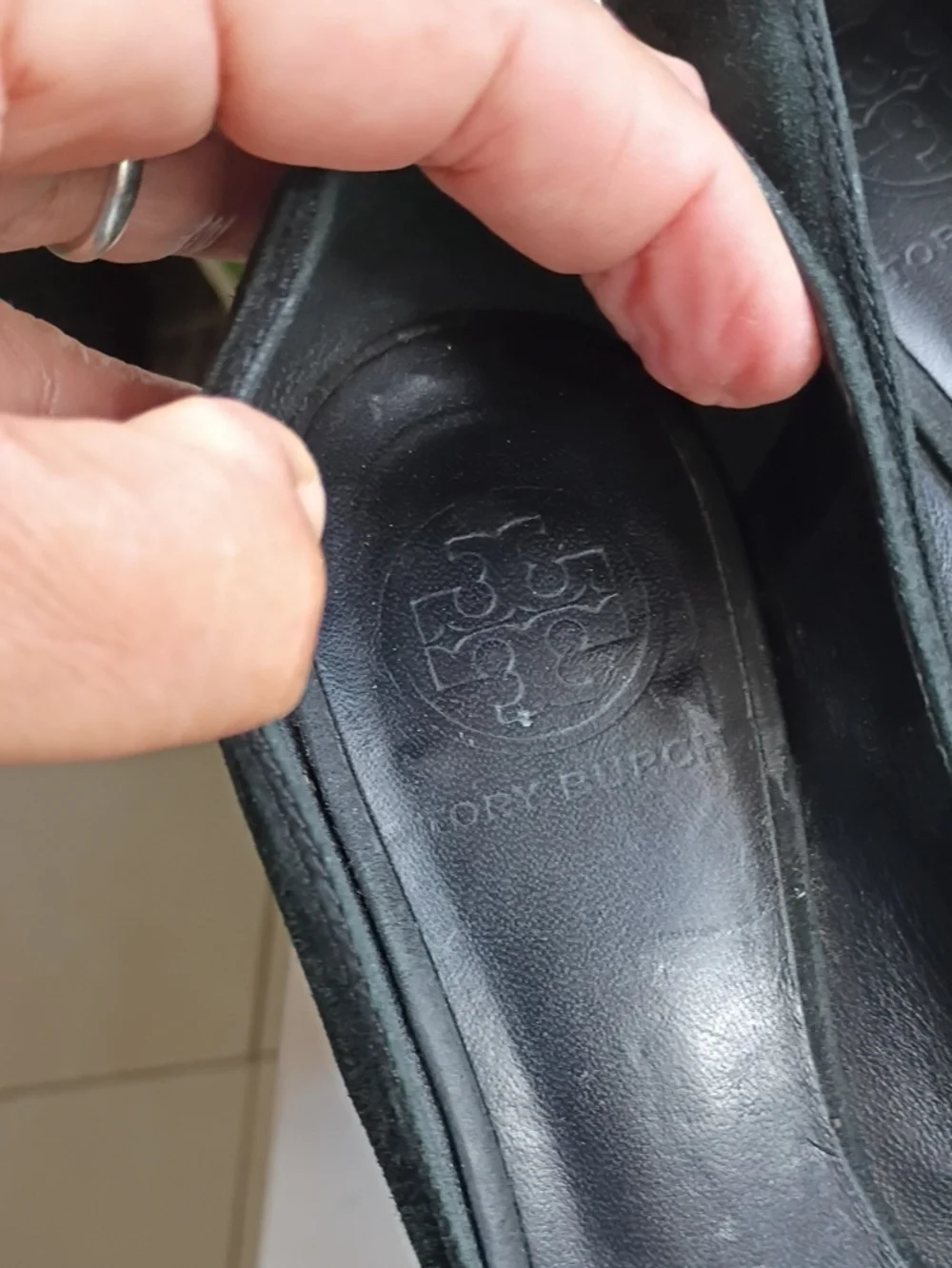 Tory Burch Women's Black Suede Round-Toe Heels with Gold Emblem